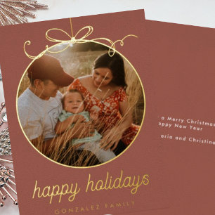 Terracotta Whimsical Ornament & Bow Foto Folien Feiertagskarte