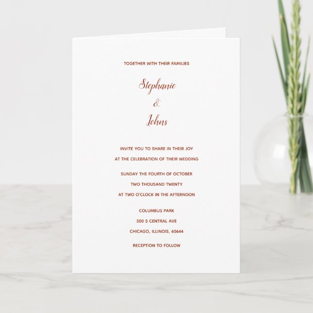 Terracotta White Classic Einfache Hochzeit Einladung (Vorderseite)