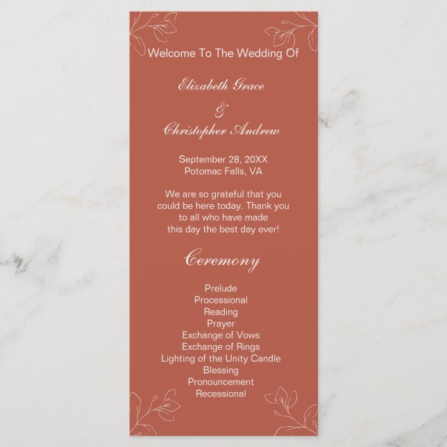 Terracotta White Floral Botanical Wedding Program Menükarte (Vorderseite)