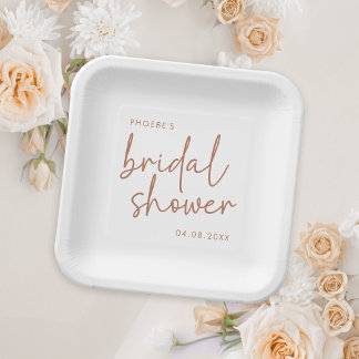 Terracotta & White Minimalistisch Script Brautpart Pappteller