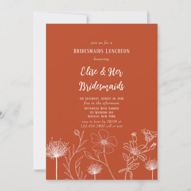 Terracotta White Wildblumen Bridesmaids Luncheon Einladung (Vorderseite)