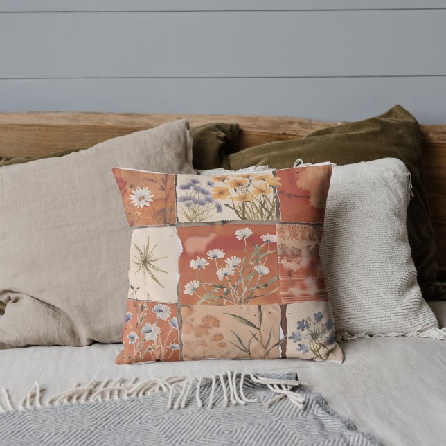 Terracotta Wildblume Boho Patchwork Rustikaler Frü Kissen (Von Creator hochgeladen)