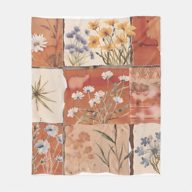 Terracotta Wildblume Patchwork Rustic Boho Spring Fleecedecke (Vorderseite)