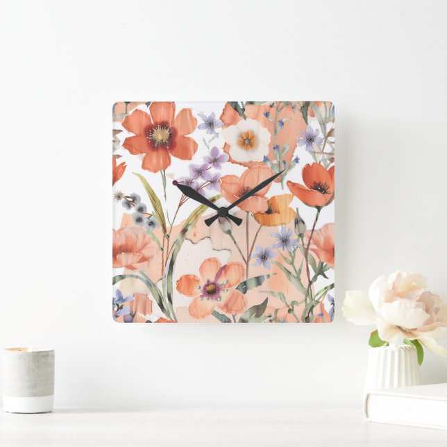 Terracotta-Wildblume Rustic Boho Wall Akzent Quadratische Wanduhr (Zuhause)