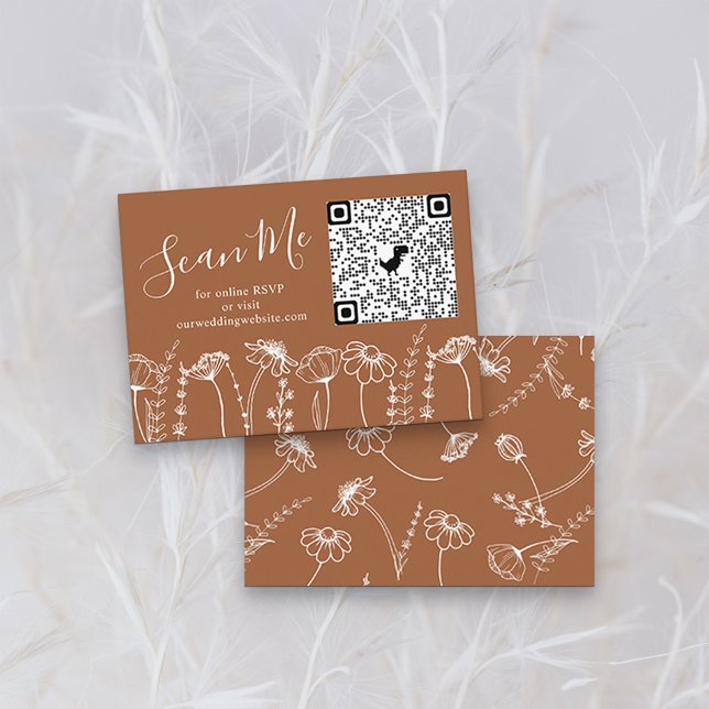 Terracotta Wildblume Sketch Online UAWG QR Code Begleitkarte (QR Code RSVP Card without Photo in Terracotta Burnt Orange, from my Wildflower Sketch collection)