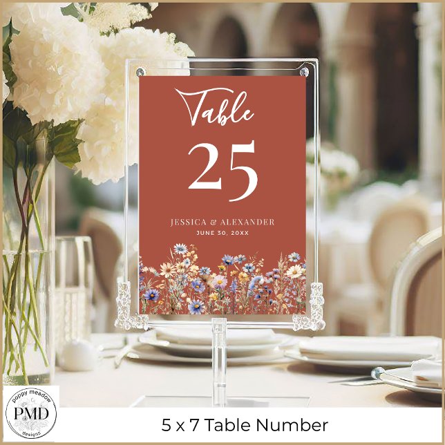 Terracotta-Wildblumen Hochzeit 12x18 Tischnummer (Dusty Blue Wildflowers Terracotta 5x7 Wedding Table Number with Couple Names, Date.)