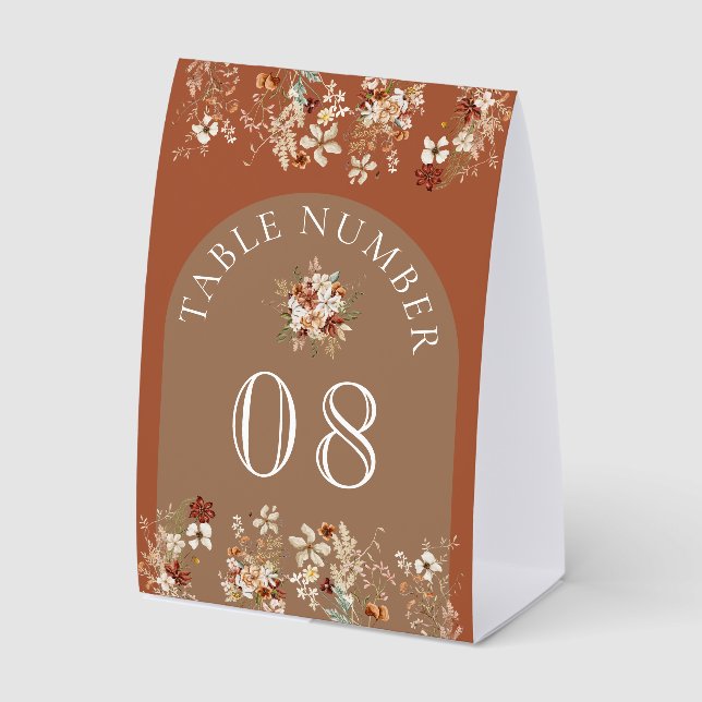 Terracotta Wildflower Beige Wedding Table Number Tischaufsteller (Vorderseite)