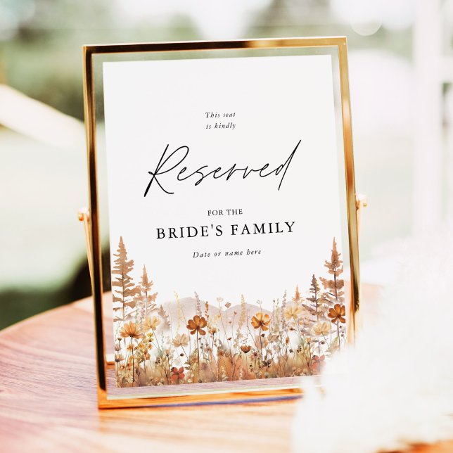 Terracotta Wildflower Mountain Reserved Seat Sign Poster (Terracotta wildflower mountain reserved wedding sign with elegant script for bride’s family seating)