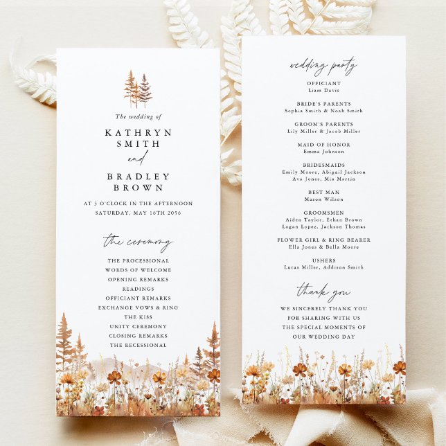 Terracotta Wildflower Mountain Wedding Ceremony Programm (Terracotta wildflower mountain wedding program front and back, elegant boho ceremony program card)