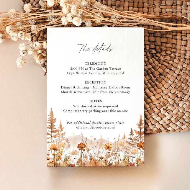 Terracotta Wildflower Mountain Wedding Details, Begleitkarte (Terracotta wildflower mountain wedding details card, elegant rustic boho ceremony & reception info)