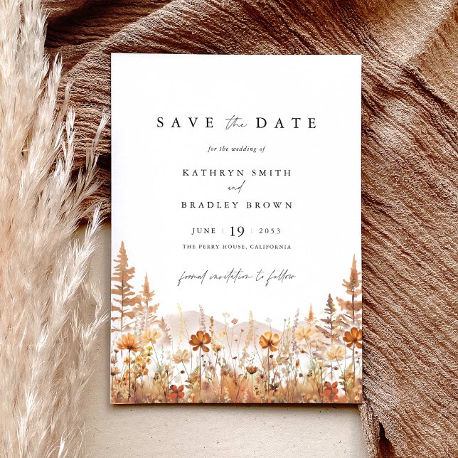 Terracotta Wildflower Mountain Wedding Save The Date (Terracotta wildflower mountain save the date wedding card with elegant typography, boho rustic)