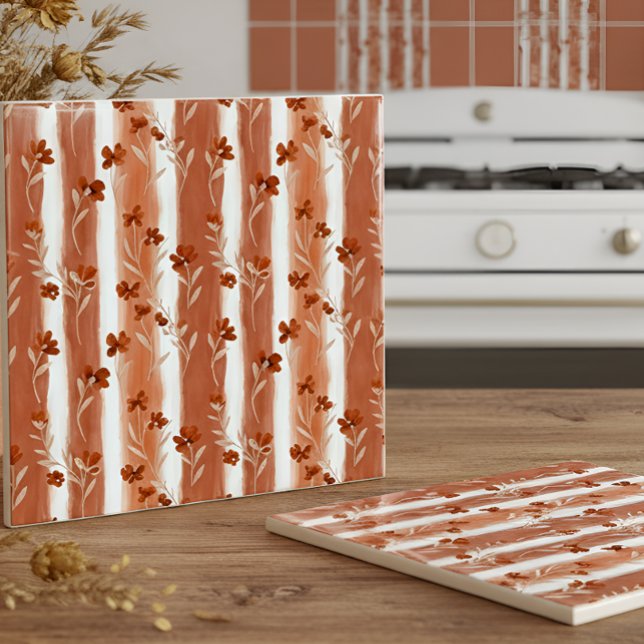 Terracotta Wildflower Vertical Stripe Boho Pattern Fliese (Von Creator hochgeladen)