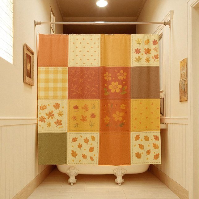 Terracotta Yellow Patchwork Quilt Rustikales Bauer Duschvorhang (Terracotta Yellow Patchwork Quilt Rustic Farmhouse Shower Curtain)