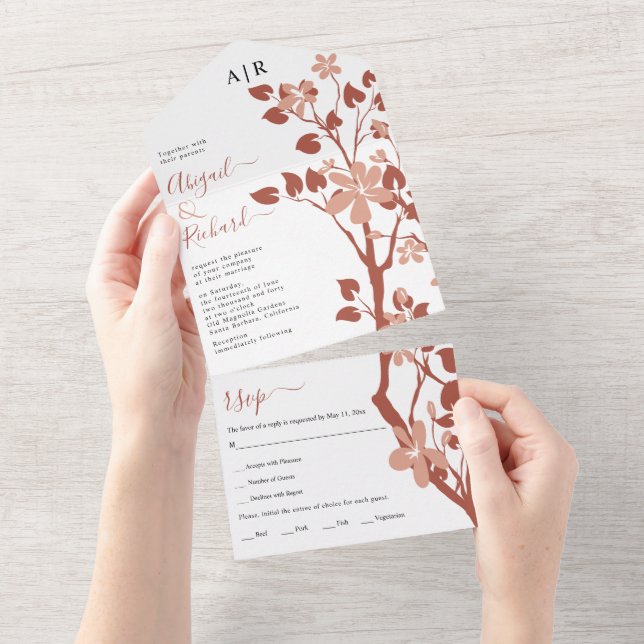 Terracotta Zweig mit Blume Hochzeit All In One Einladung (Abreißen)