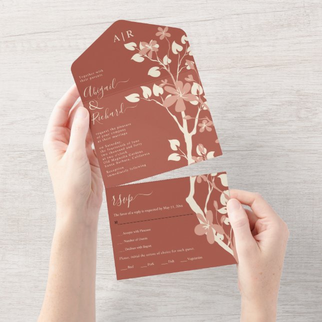 Terracotta Zweig mit Blume Initialen Hochzeit All In One Einladung (Abreißen)