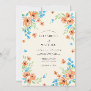 Terrakotta-Azurblaue Mohn-Hochzeit Einladung
