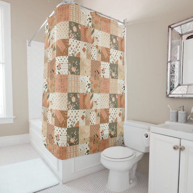 Terrakotta Beige Patchwork-Quilt Rustikale Blumenm Duschvorhang (Beispiel)