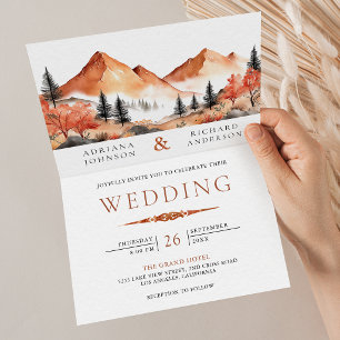 Terrakotta-Bergwald-Foto-QR-Code-Hochzeit Einladung