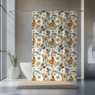 Terrakotta Blaue Blumen Üppiger Bohemian Vorhang