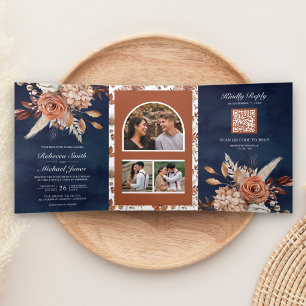 Terrakotta-Blumen-All-in-One-QR-Code-Navy-Hochzeit Dreifach Gefaltete Einladung