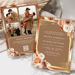 Terrakotta Blumen Beige Gold Foto QR-Code Hochzeit Einladung