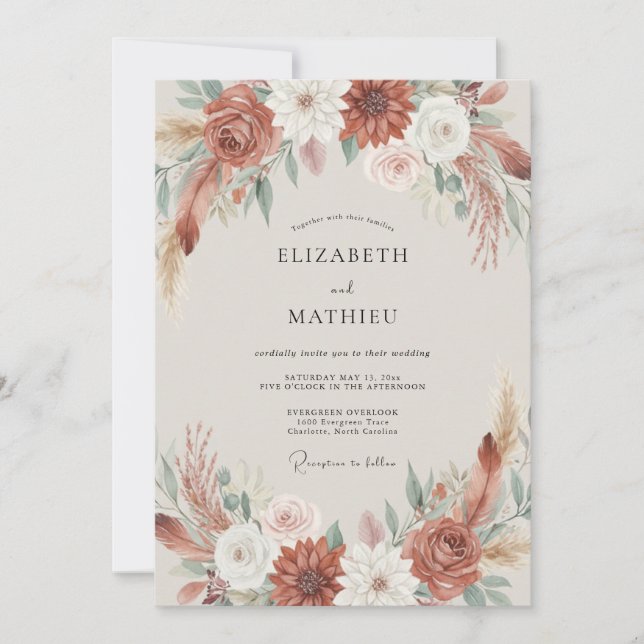 Terrakotta-Blumen-Boho-Hochzeit Einladung (Vorderseite)