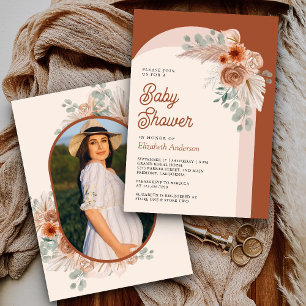 Terrakotta Blumen Boho Pampas Foto Babyparty Einladung