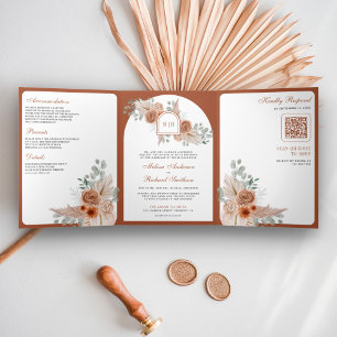 Terrakotta-Blumen-Boho-Pampas-QR-Code-Hochzeit Dreifach Gefaltete Einladung