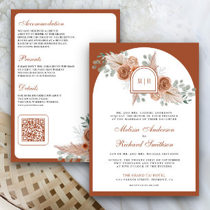 Terrakotta-Blumen-Boho-Pampas-QR-Code-Hochzeit Einladung