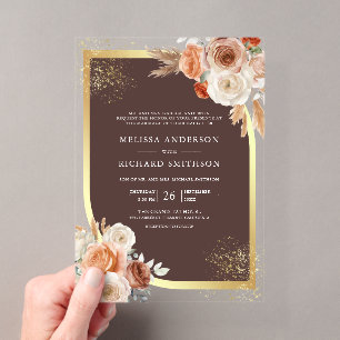 Terrakotta-Blumen-Espresso-Braun-Goldene-Hochzeit Acryleinladungen