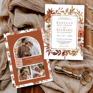 Terrakotta Blumen Foto Collage QR Code Hochzeit Einladung