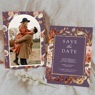 Terrakotta-Blumen-Foto Staubiges Lila Hochzeit Save The Date