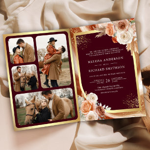 Terrakotta-Blumen-Hochzeit in Pampas-Gold-Burgund Einladung