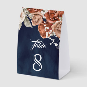 Terrakotta Blumen Marineblau Hochzeit Tischnummer Tischaufsteller