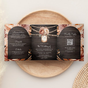 Terrakotta-Blumen-Mason-Glas-Holz-QR-Code-Hochzeit Dreifach Gefaltete Einladung