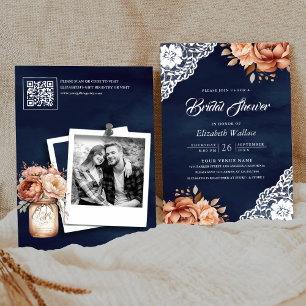 Terrakotta Blumen Navy Foto QR Code Brautparty Einladung