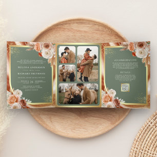 Terrakotta Blumen Pampas Gold Salbei Grün Hochzeit Dreifach Gefaltete Einladung