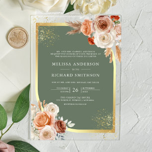 Terrakotta Blumen Salbei Grün Gold Hochzeit Acryleinladungen