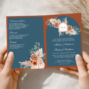Terrakotta Blumen Staubblau QR Code Hochzeit Einladung
