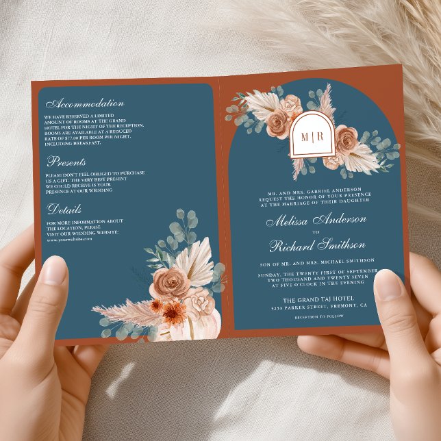 Terrakotta Blumen Staubblau QR Code Hochzeit Einladung (Von Creator hochgeladen)