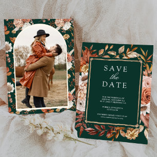 Terrakotta Blumenfoto Smaragdgrüne Hochzeit Save The Date
