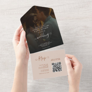 Terrakotta-Boho-Hochzeit RSVP QR-Code in Script All In One Einladung