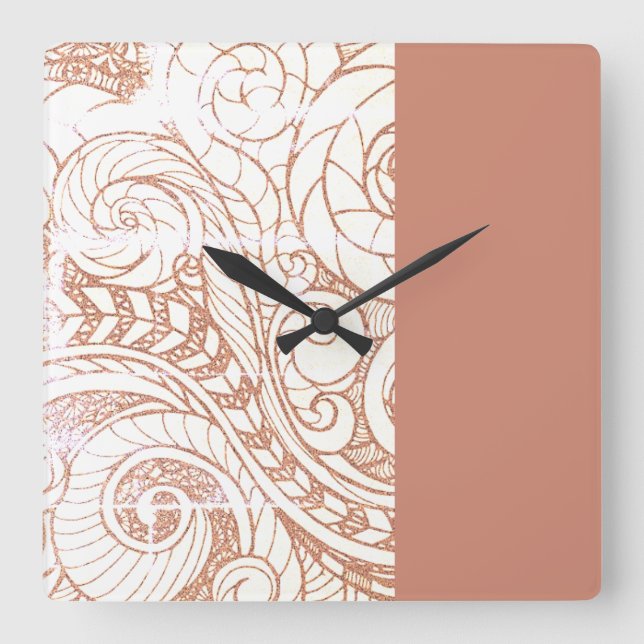 Terrakotta-Botanischer Schwung Modern Quadratische Wanduhr (Vorderseite)