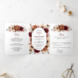Terrakotta-Burgund-Mauve-Blumen-Geometrie-Hochzeit Dreifach Gefaltete Ankündigung