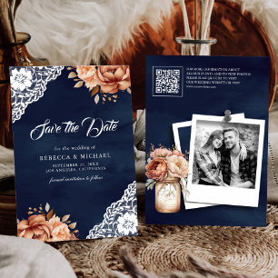 Terrakotta Floral Navy Foto QR-Code Hochzeit Save The Date