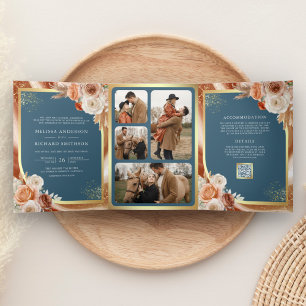 Terrakotta Florale Pampas Gold Staub Blau Hochzeit Dreifach Gefaltete Einladung