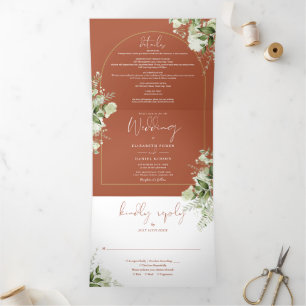 Terrakotta-Grün-Gold-Bogen-Foto-Hochzeit Dreifach Gefaltete Einladung