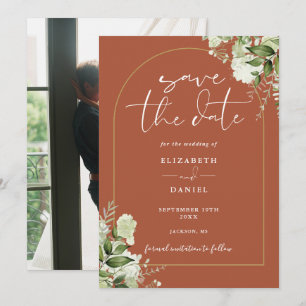 Terrakotta-Grün-Gold-Bogen-Foto-Hochzeit Save The Date