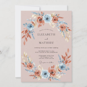 Terrakotta-Hochzeit mit Blauen Blumen und Eukalypt Einladung