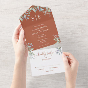 Terrakotta-Hochzeit mit floralem Monogramm und Grü All In One Einladung